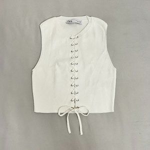 ZARA Lace Up Front Sleeveless Ribbed Knit Crop Top Small White